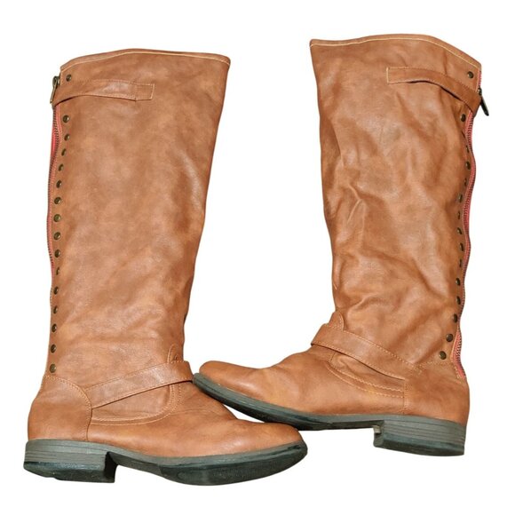 Bamboo Montage 10 Womens Boots Brown Knee High Faux Leather Buckle Stud Lined - Picture 2 of 15